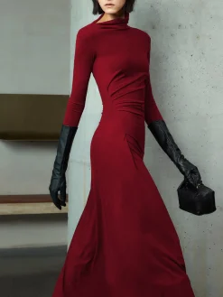 COMMENSE Bodycon Asymmetrical Neck Long Sleeve Ruched Maxi Dress* Black Dresses|Casual Dresses