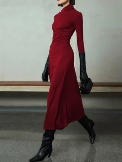 COMMENSE Bodycon Asymmetrical Neck Long Sleeve Ruched Maxi Dress* Black Dresses|Casual Dresses