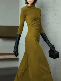 COMMENSE Bodycon Asymmetrical Neck Long Sleeve Ruched Maxi Dress* Black Dresses|Casual Dresses