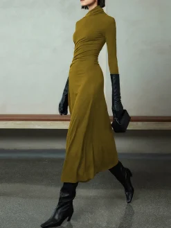 COMMENSE Bodycon Asymmetrical Neck Long Sleeve Ruched Maxi Dress* Black Dresses|Casual Dresses