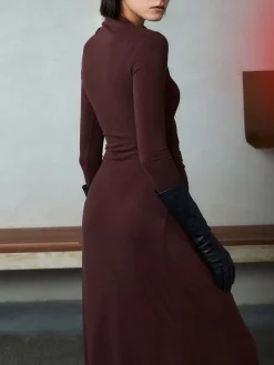COMMENSE Bodycon Asymmetrical Neck Long Sleeve Ruched Maxi Dress* Black Dresses|Casual Dresses