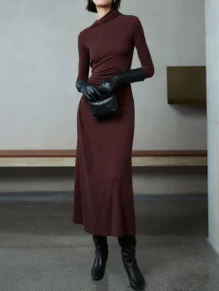 COMMENSE Bodycon Asymmetrical Neck Long Sleeve Ruched Maxi Dress* Black Dresses|Casual Dresses