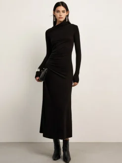COMMENSE Bodycon Asymmetrical Neck Long Sleeve Ruched Maxi Dress* Black Dresses|Casual Dresses