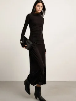 COMMENSE Bodycon Asymmetrical Neck Long Sleeve Ruched Maxi Dress* Black Dresses|Casual Dresses