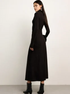 COMMENSE Bodycon Asymmetrical Neck Long Sleeve Ruched Maxi Dress* Black Dresses|Casual Dresses