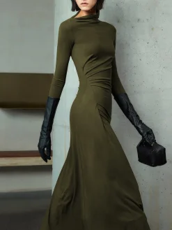 COMMENSE Bodycon Asymmetrical Neck Long Sleeve Ruched Maxi Dress* Black Dresses|Casual Dresses