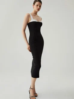 COMMENSE Bodycon Patchwork Sweetheart Collar Cami Midi Dress* Black Dresses|Vacation Dresses