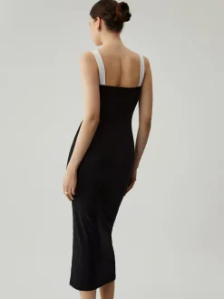 COMMENSE Bodycon Patchwork Sweetheart Collar Cami Midi Dress* Black Dresses|Vacation Dresses