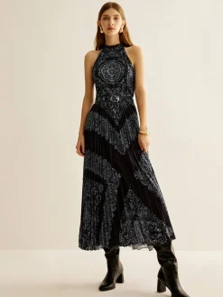 COMMENSE Boheme Sleeveless Pleated Dress With Belt* Black Dresses|Casual Dresses