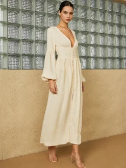 COMMENSE Boho Lantern Sleeve Button-Front Long Split Dress* White Dresses|Casual Dresses