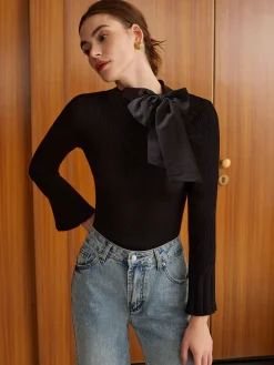 COMMENSE Bow Decor Bell Sleeve Knit Top* Sweater Tops|Sweaters & Cardigans