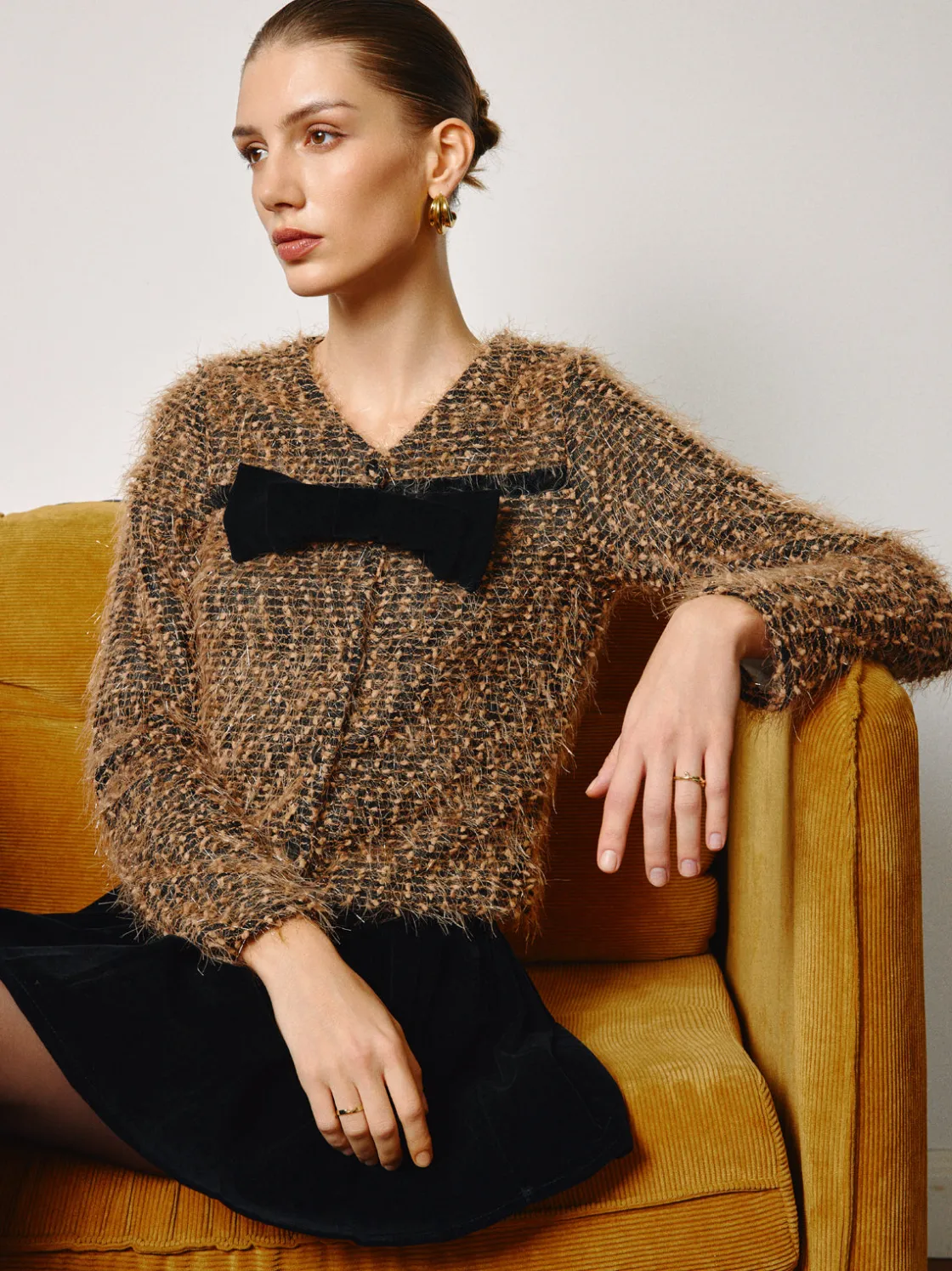 COMMENSE Bow Decor Purl Short Blouse* Tops