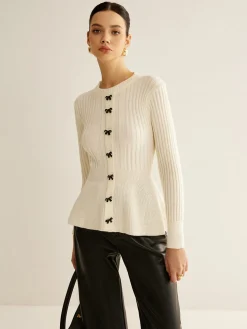COMMENSE Bow Decor Ruffle Knit Top* Sweater Tops|Sweaters & Cardigans