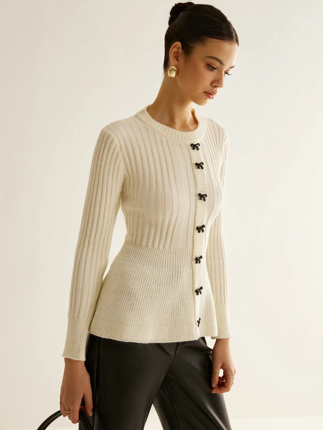 COMMENSE Bow Decor Ruffle Knit Top* Sweater Tops|Sweaters & Cardigans