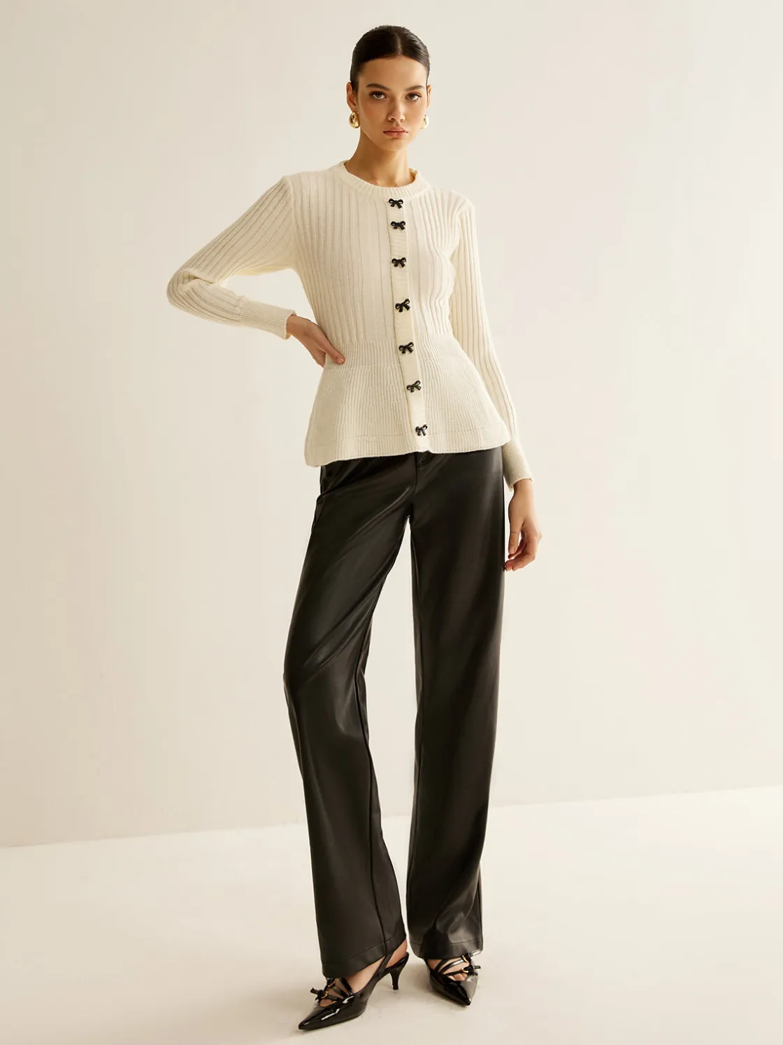 COMMENSE Bow Decor Ruffle Knit Top* Sweater Tops|Sweaters & Cardigans
