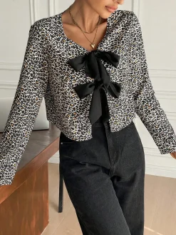 COMMENSE Bow Front Leopard Printed Jersey Blouse* Blouses & Shirts|Tops