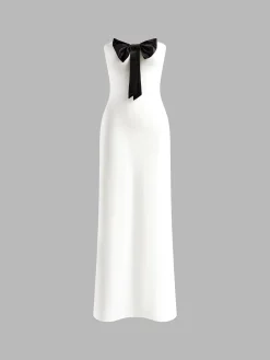 COMMENSE Bow Front Strapless Split Long Dress* White Dresses|Cocktail & Party Dresses