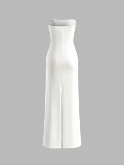 COMMENSE Bow Front Strapless Split Long Dress* White Dresses|Cocktail & Party Dresses