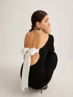 COMMENSE Bow Open Back Knit Dress* Black Dresses|Sweater Dresses