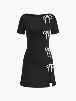 COMMENSE Bow Side Split Short Dress* Black Dresses|Casual Dresses