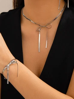 COMMENSE Bow Tassel Necklace Bracelet Set* Necklaces|Accessories