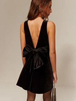 COMMENSE Bow-Decor Backless Velvet Tank Dress* Black Dresses|Cocktail & Party Dresses
