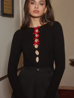 COMMENSE Bow-Decor Cutout Skinny Sweater* Sweater Tops|Sweaters & Cardigans