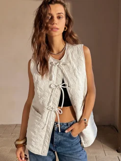 COMMENSE Bow-Decor Zipper Vest* Outerwear|Vests