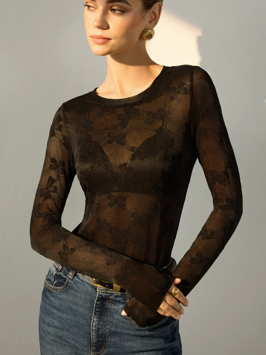 COMMENSE Bow-Pattern Slim Sheer Blouse* Blouses & Shirts