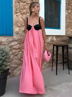 COMMENSE Bra-Splicing Halter Strap Long Dress* White Dresses|Casual Dresses