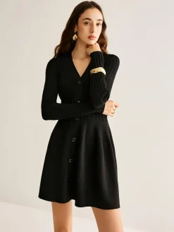 COMMENSE Breasted Flowy Sweater Short Dress* Black Dresses|Sweater Dresses