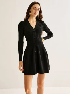 COMMENSE Breasted Flowy Sweater Short Dress* Black Dresses|Sweater Dresses