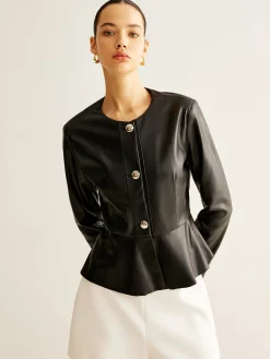 COMMENSE Breasted Ruffle Faux Leather Jacket* Outerwear|Jackets