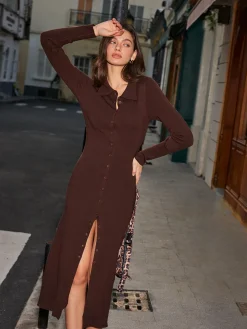 COMMENSE Breasted Slim Lapel Knit Dress* Sweater Dresses|Casual Dresses