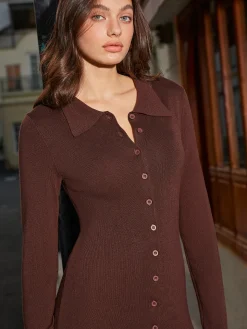 COMMENSE Breasted Slim Lapel Knit Dress* Sweater Dresses|Casual Dresses