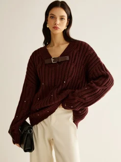 COMMENSE Buckle Belted Beaded Knit Top* Sweater Tops|Sweaters & Cardigans