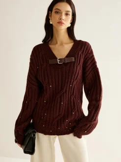 COMMENSE Buckle Belted Beaded Knit Top* Sweater Tops|Sweaters & Cardigans