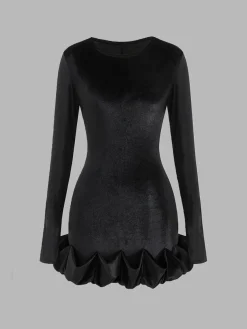 COMMENSE Bud-Waist Velvet Slim Dress* Black Dresses|Casual Dresses