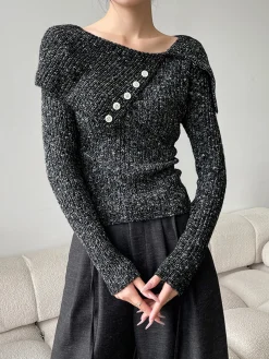COMMENSE Button Decor Belted Sweater* Sweater Tops|Sweaters & Cardigans