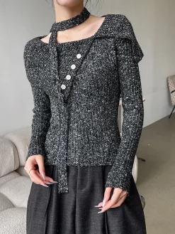COMMENSE Button Decor Belted Sweater* Sweater Tops|Sweaters & Cardigans