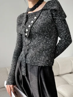 COMMENSE Button Decor Belted Sweater* Sweater Tops|Sweaters & Cardigans