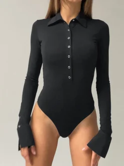 COMMENSE Button Down Collared Bodysuit* Sweater Tops|Bodysuits