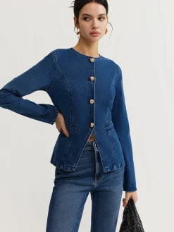 COMMENSE Button Down Denim Slim Blouse* Blouses & Shirts|Denim