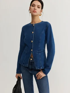 COMMENSE Button Down Denim Slim Blouse* Blouses & Shirts|Denim