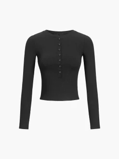 COMMENSE Button Down Long Sleeve Crop Shirt* Sweater Tops|Crop Tops