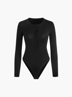 COMMENSE Button Down Rib Long Sleeve Bodysuit* Bodysuits|Bodysuits