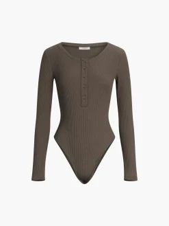 COMMENSE Button Down Rib Long Sleeve Bodysuit* Bodysuits|Bodysuits