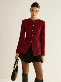 COMMENSE Button Down Slit Tweed Blazer* Outerwear|Blazers