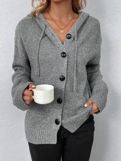 COMMENSE Button Drawstring Hooded Cardigan* Cardigans|Sweaters & Cardigans