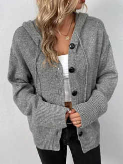 COMMENSE Button Drawstring Hooded Cardigan* Cardigans|Sweaters & Cardigans